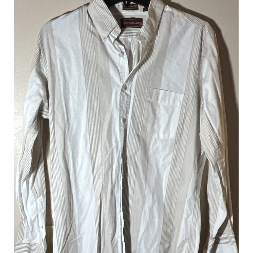 Ralph Lauren Chaps Men's Dress Shirt 16.5 White Beige Striped Cotton Button-Down